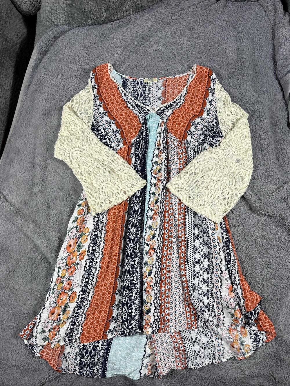 Kori America Dress Womens Large Multicolor Boho Stripe Crochet Bell Sleeve Short